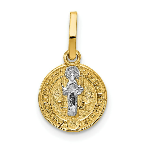 14k Yellow with White Rhodium Two-tone Gold Circle St Benedict Medal Pendant 